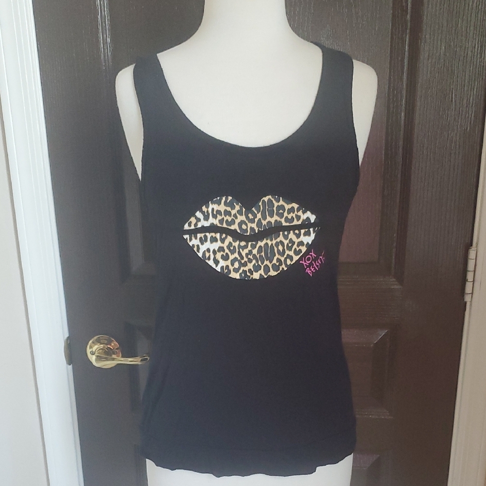 Betsey Johnson Black Tank Top with Leopard Print Lips
